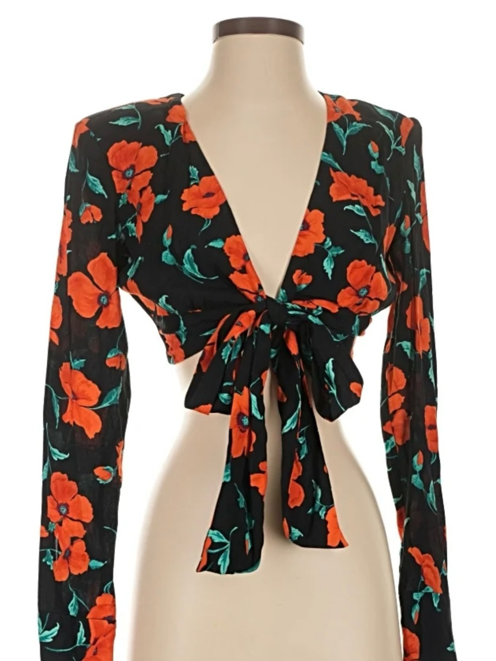Zara Black Tie-Front Crop Top with Orange Floral Print